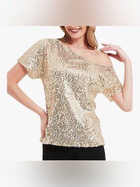 Gold Sequin One-Shoulder Top